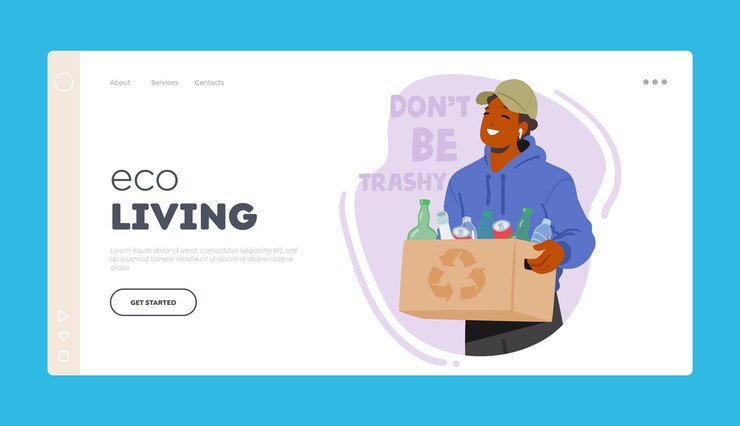 Vecteur modèle de page de destination eco living boîte de transport de personnage masculin avec bouteilles homme triant les déchets séparant les déchets