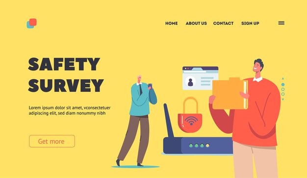 Modèle De Page De Destination De L'enquête Sur La Sécurité De La Protection Des Données Personnages Masculins Avec Dossier Et Smartphone Près Du Routeur Wifi