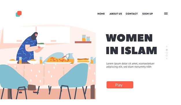 Modèle De Page De Destination Des Femmes Dans L'islam Personnage Féminin Musulman Servant Le Dîner Sur La Table Femme Arabe Portant Le Hijab National