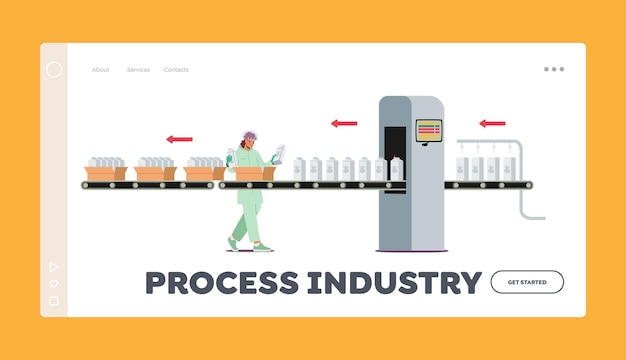 Vecteur modèle de page de destination de l'industrie de transformation emballage alimentaire laitier travailleur de l'usine d'automatisation industrielle sur le convoyeur d'usine