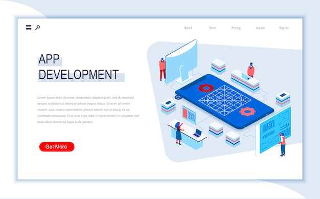 Modèle de page de destination isométrique de développement d'applications.