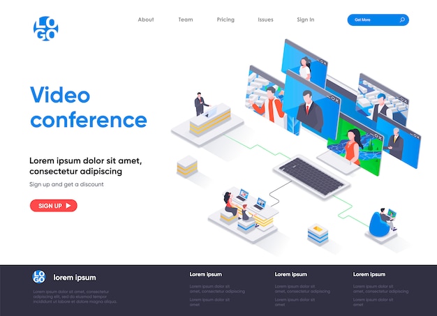 Vecteur modèle de page de destination isométrique de vidéoconférence