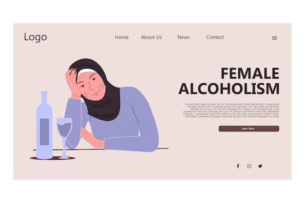 Vecteur modèle de page de destination pour l'alcoolisme féminin hijab femme musulmane