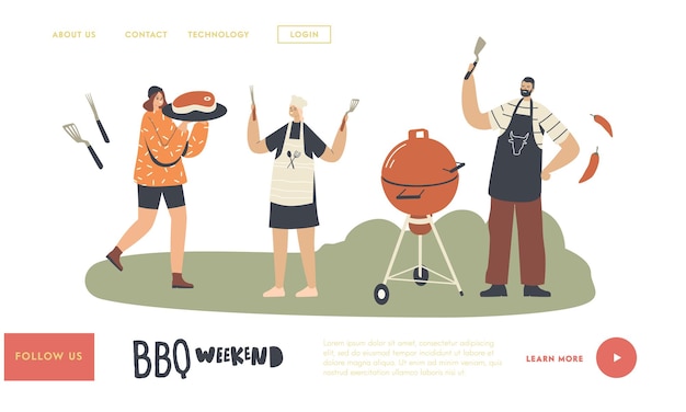 Modèle De Page De Destination Pour Barbecue En Plein Air. Les Personnages Cuisinent, Mangent Des Saucisses Et De La Viande Sur Une Machine à Barbecue Passent Du Temps Le Week-end. Famille Ou Amis Sur Front Yard Summer Fun. Illustration Vectorielle De Personnes Linéaires