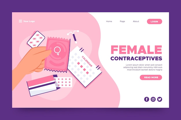 Vecteur modèle de page de destination pour les contraceptifs féminins