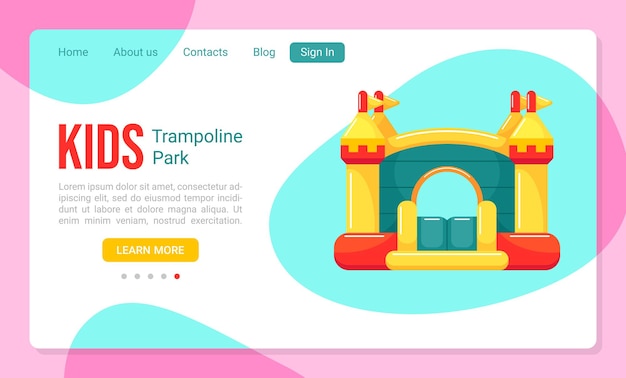 Vecteur modèle de page de destination pour parc de trampoline pour enfants avec château gonflable gonflable