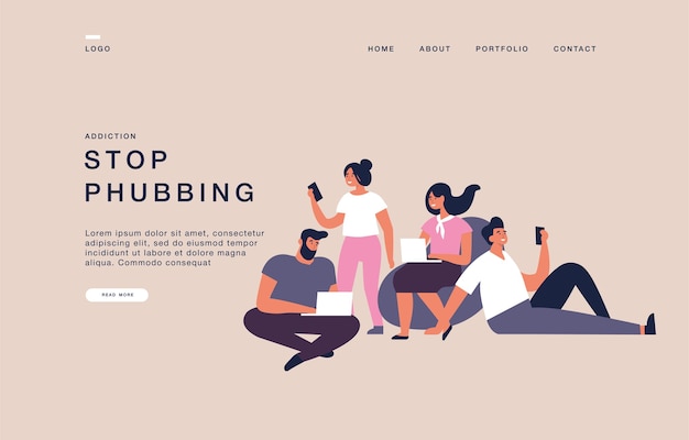 Modèle De Page De Destination Pour Les Sites Web Avec Des Personnes Utilisant Leurs Ordinateurs Portables Et Leurs Ordinateurs. Arrêtez L'illustration De Bannière De Concept De Phubbing.