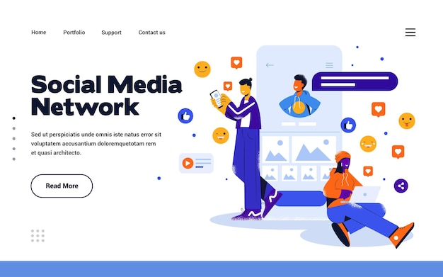 Modèle De Page De Destination Réseau Social Dans Un Style Design Plat