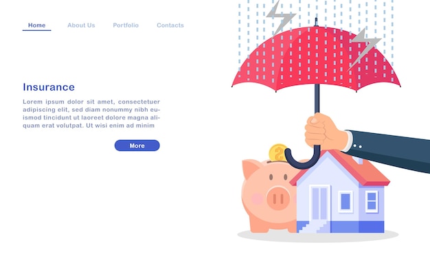 Modèle de page de destination de site Web assurance de dessin animé pour le concept de richesse immobilière parapluie maison argent cochon mauvais temps