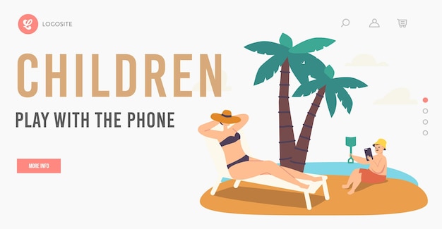 Modèle De Page De Destination De Téléphone Perdu De Personnage Féminin. Femme Bronzant Sur Une Chaise Longue Pendant Que Le Petit Enfant Joue Avec Un Smartphone Cher Creusant Dans Le Sable Sur La Plage. Illustration Vectorielle De Gens De Dessin Animé