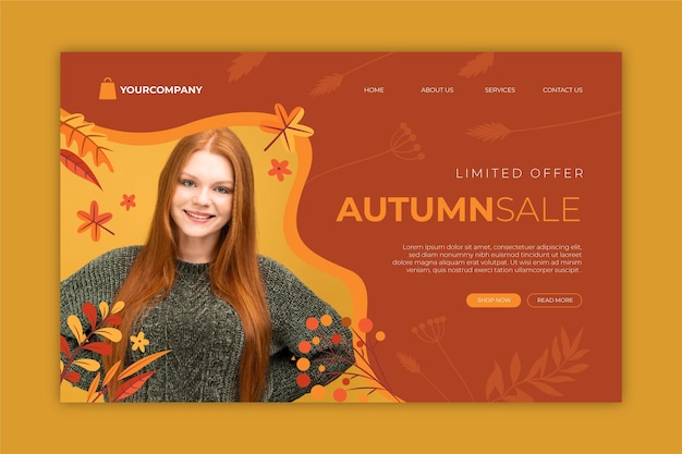 Vecteur modèle de page de destination de vente d'automne avec photo