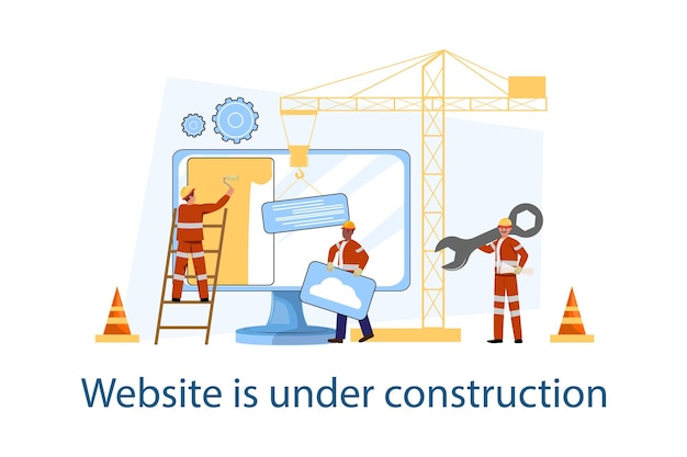 Modèle de page d'erreur vectorielle colorée mettant en vedette l'équipe de construction travaillant sur l'affichage du site Web avec des outils
