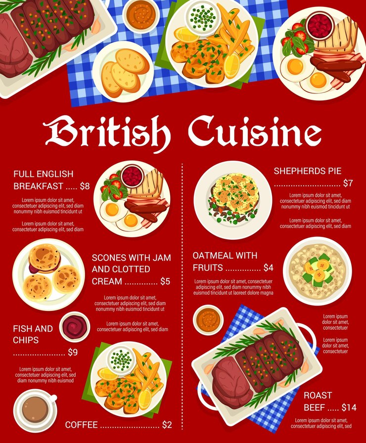 Modèle de page de menu de repas de cuisine britannique