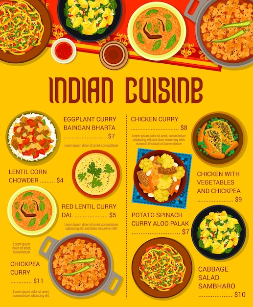 Vecteur modèle de page de menu de repas de restaurant de cuisine indienne