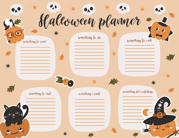 Modèle De Page De Planificateur Hebdomadaire D'halloween. Liste De Choses à Faire Avec De Jolies Citrouilles En Style Cartoon