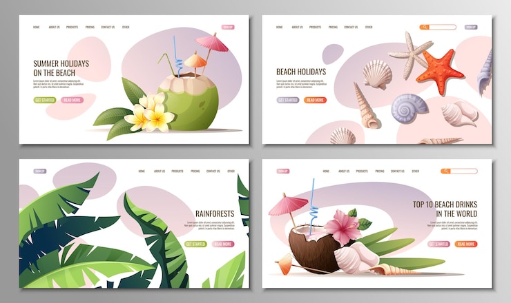 Vecteur modèle de page web avec des cocktails de plage palmiers coquillagesconcept pour la bannière web et la page de destination