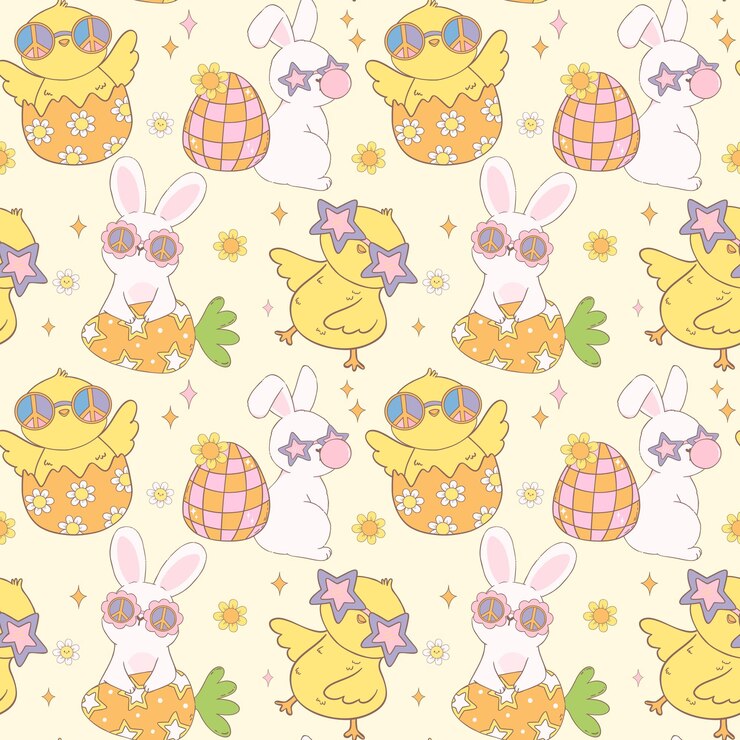 Vecteur un modèle de pâques groovy, un lapin et un poussin rétro sans couture, un dessin de griffon d'animal ludique.