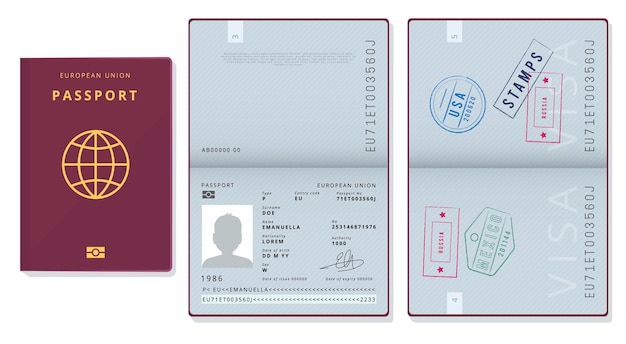 Modèle De Passeport. Documents D'identité Officiels Visas Pages De Jeunes Arbres Cartes Badges De Voyage Légaux Photos.