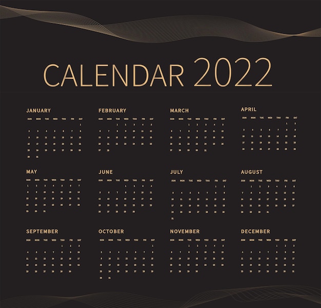 Modèle De Planificateur De Calendrier Pour 2022 Vague De Ligne Dorée Style De Luxe Design Moderne