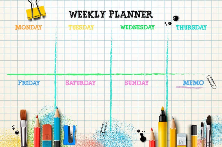 Vecteur modèle de planificateur hebdomadaire organisateur et calendrier avec place pour l'illustration du mémo