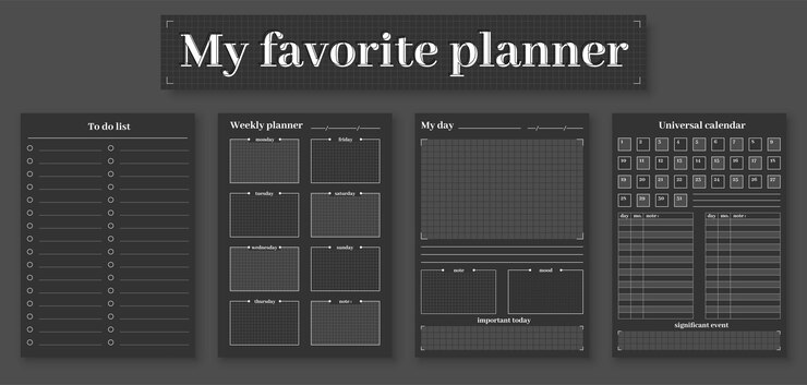 Vecteur modèle de planificateur page noire organisateur de vie bw ensemble plat rappel de conception d'entreprise tâche importante contrôle du temps jour semaine mois année liste de tâches universelle routine gestion du calendrier planification efficace