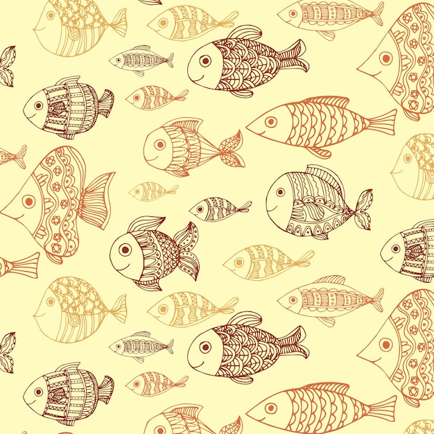 Modèle Plat Boho Sans Couture Avec Des Poissons Bruns Doodle Sur Fond Beige. Monde Lagunaire Sous-marin.