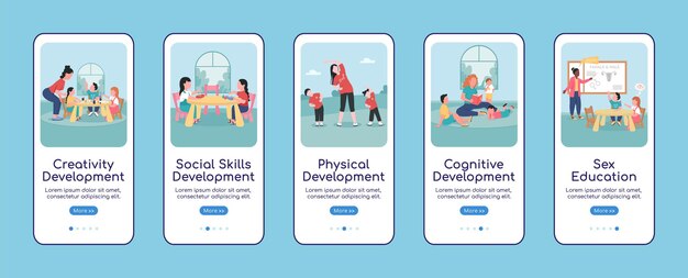 Modèle plat d'écran d'application mobile pour le développement des enfants. Site Web pas à pas en 5 étapes avec des personnages. Garderie créative UX, UI, interface de dessin animé pour smartphone GUI, ensemble d'impressions de cas