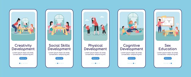 Modèle Plat D'écran D'application Mobile Pour Le Développement Des Enfants. Site Web Pas à Pas En 5 étapes Avec Des Personnages. Garderie Créative Ux, Ui, Interface De Dessin Animé Pour Smartphone Gui, Ensemble D'impressions De Cas