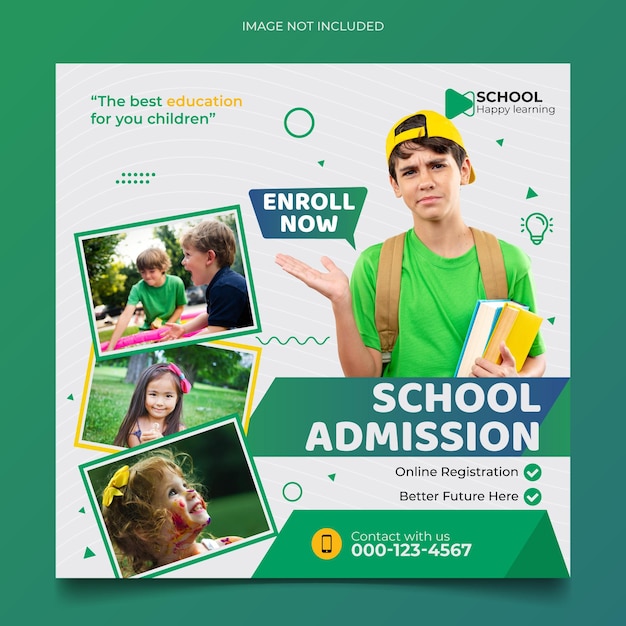 Vecteur modèle de post instagram d'admission à l'école pour la bannière de promotion du premier et du deuxième cycle du secondaire