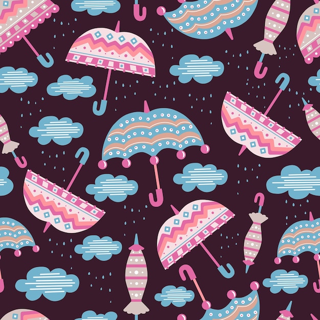 Modèle Pour Enfants Sans Couture Avec Parapluies Et Nuages. Style De Griffonnage. Les Objets Sont Isolés.