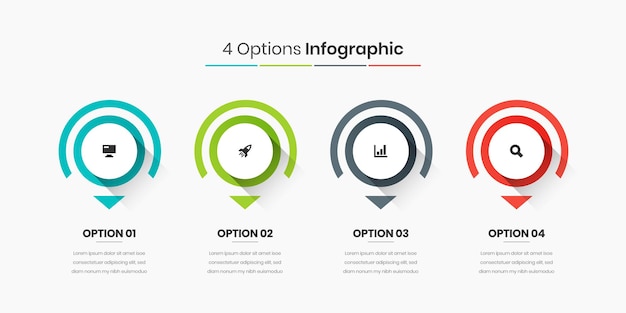 Modèle De Présentation D'infographie D'entreprise Avec Flèche, Dégradé De Couleur, 4 Options Et Icône