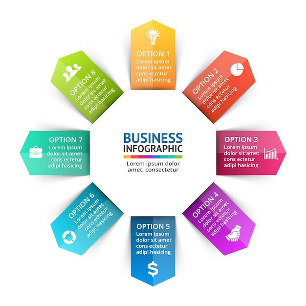 Modèle De Présentation D'infographie Vectorielle De Flèches Diagramme De Cercle Graphique 8 étapes Parties