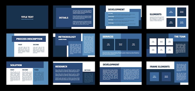 modèle de présentation rectangles bleus design plat fond blanc 12 diapositives titre détail développement recherche solution équipe cadre élément révision solution contacts