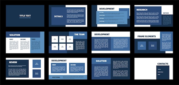 modèle de présentation rectangles bleus design plat fond blanc 12 diapositives titre détail développement recherche solution équipe cadre élément révision solution contacts