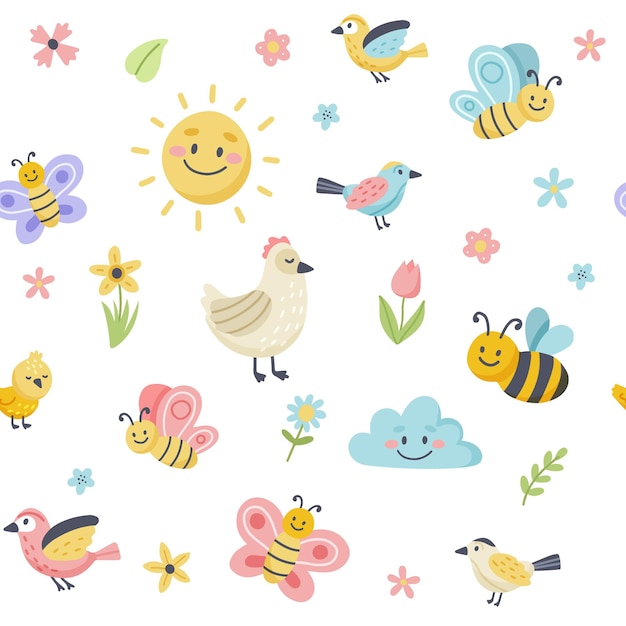 Modèle De Printemps De Pâques Avec Des Oiseaux Mignons, Des Abeilles, Des Papillons. éléments De Dessin Animé Plat Dessinés à La Main.