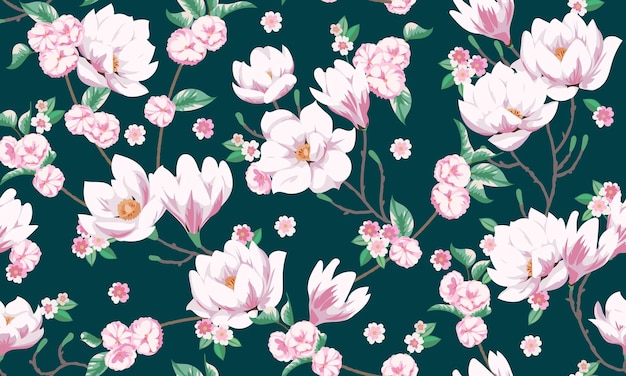 Modèle de printemps sans couture avec des magnolias. Conception de tissu pour robe d'été élégante