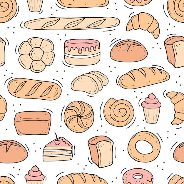 Un modèle de produits de boulangerie dessinés dans le style du griffonnage. pain noir et blanc, gâteau, monchik, croissant. illustration vectorielle sur fond blanc.