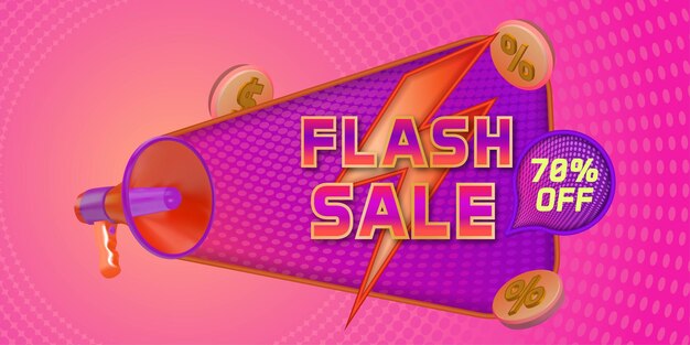 Vecteur modèle de promotion de bannière de réduction de vente flash avec un mégaphone réaliste et un arrière-plan en demi-teinte