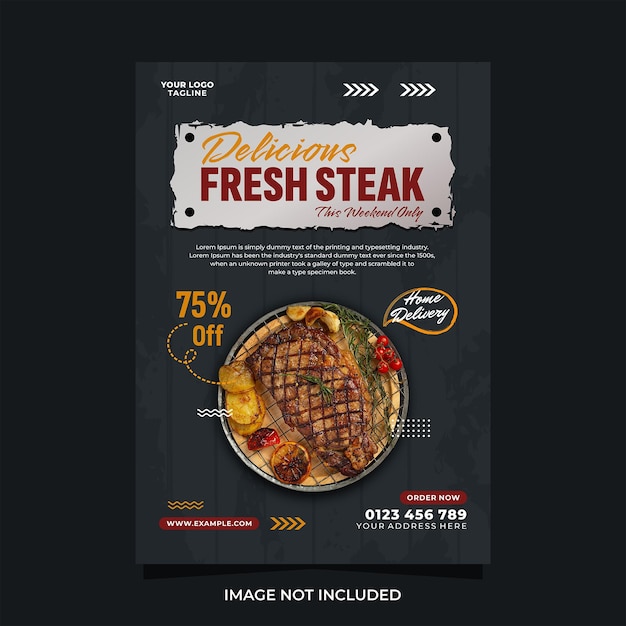 Vecteur modèle de promotion de flyer d'affiche verticale de délicieux steak frais