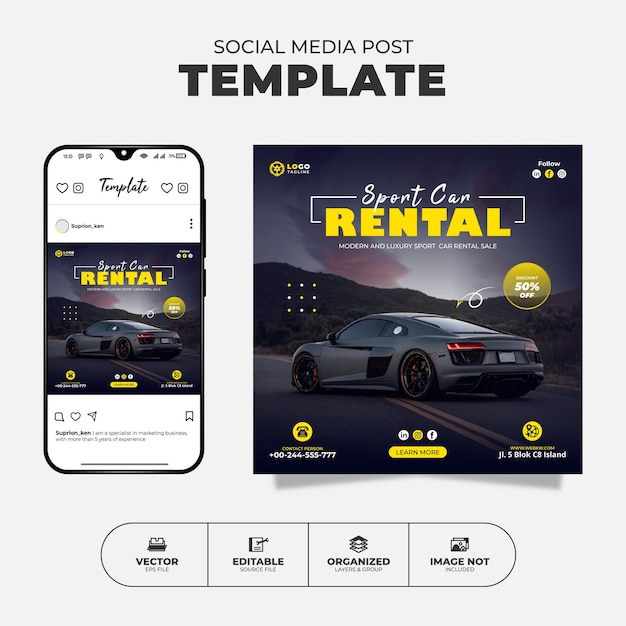 Modèle De Publication Et De Bannière Instagram De Médias Sociaux De Location De Voitures De Sport