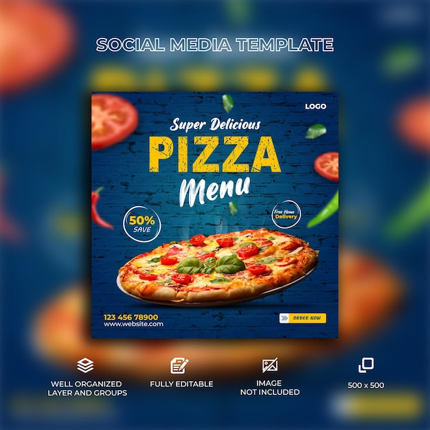 Vecteur modèle de publication de bannière de médias sociaux de nourriture de pizza super délicieuse