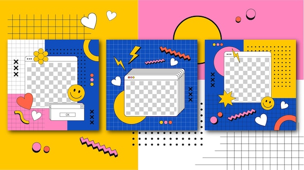 Modèle de publication instagram plat nostalgique des années 90 dessiné à la main de vecteur