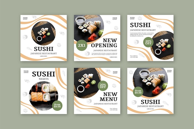 Vecteur modèle de publication instagram restaurant sushi