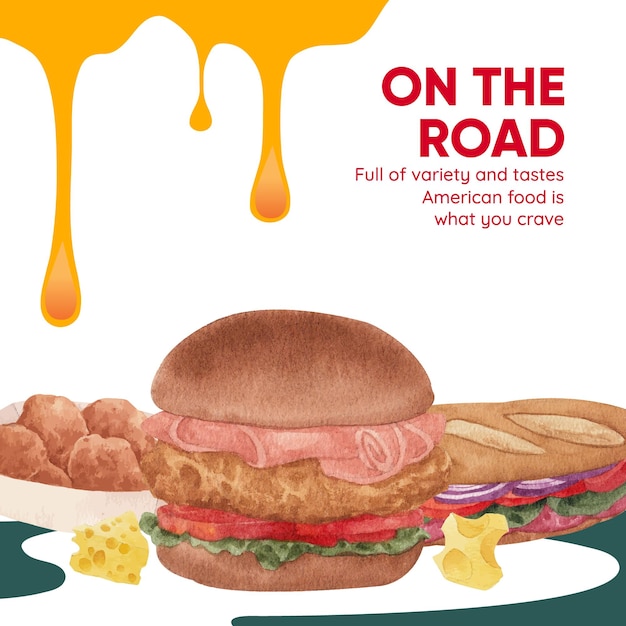 Vecteur modèle de publication instagram avec style aquarelle de concept de restauration rapide américain