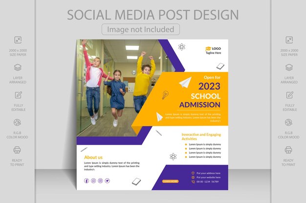 Vecteur modèle de publication sur les médias sociaux ou de bannière web d'admission à l'école ou conception d'affiche de flyer carré.