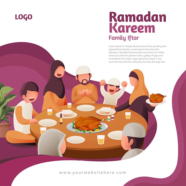 Modèle De Publication De Médias Sociaux Carrés De Salutation Du Ramadan Avec Illustration De L'iftar De La Famille Musulmane