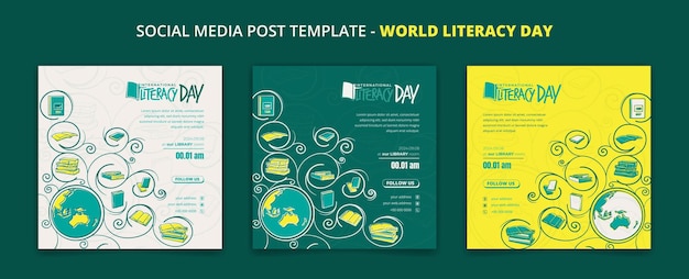 Modèle De Publication Sur Les Médias Sociaux Avec Globe Et Livre Au Design Ornemental Pour La Journée Internationale De L'alphabétisation
