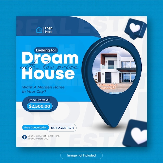 Modèle de publication sur les médias sociaux immobiliers ou modèle de bannière Web de vente de maison