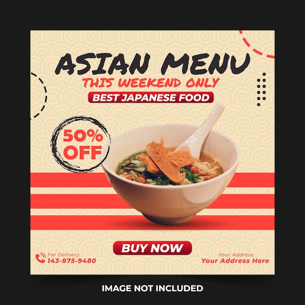 Modèle de publication sur les médias sociaux Promotion d'affiches de cuisine asiatique Discount Restaurant Cream Orange Ads