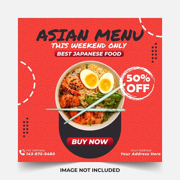 Modèle de publication sur les médias sociaux Restaurant à prix réduit pour la promotion de l'affiche de la cuisine asiatique. Flyer rouge numérique